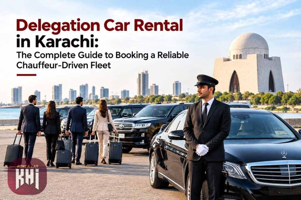 Luxury delegation car rental service in Karachi featuring chauffeured executive SUVs and sedans for corporate clients and VIP visitors.