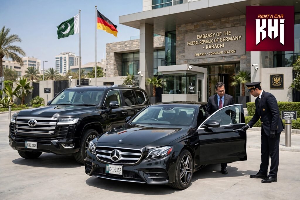Embassy car rental Karachi with professional chauffeur-driven service