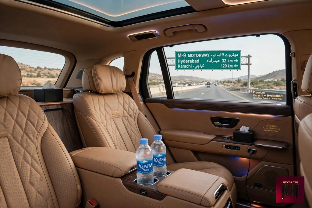 Passenger-side view of a Rent a Car KHI premium sedan cutting through the scenic landscapes of the M-9 Motorway during a Karachi-to-Hyderabad transit.