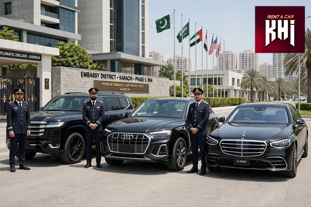 Chauffeur-driven car for embassy staff and diplomatic visitors in Karachi